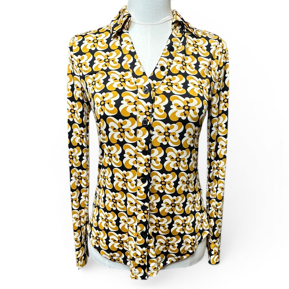 Philosophy Button Down Shirt Womens XS Gold Black Retro Geometric Floral NEW